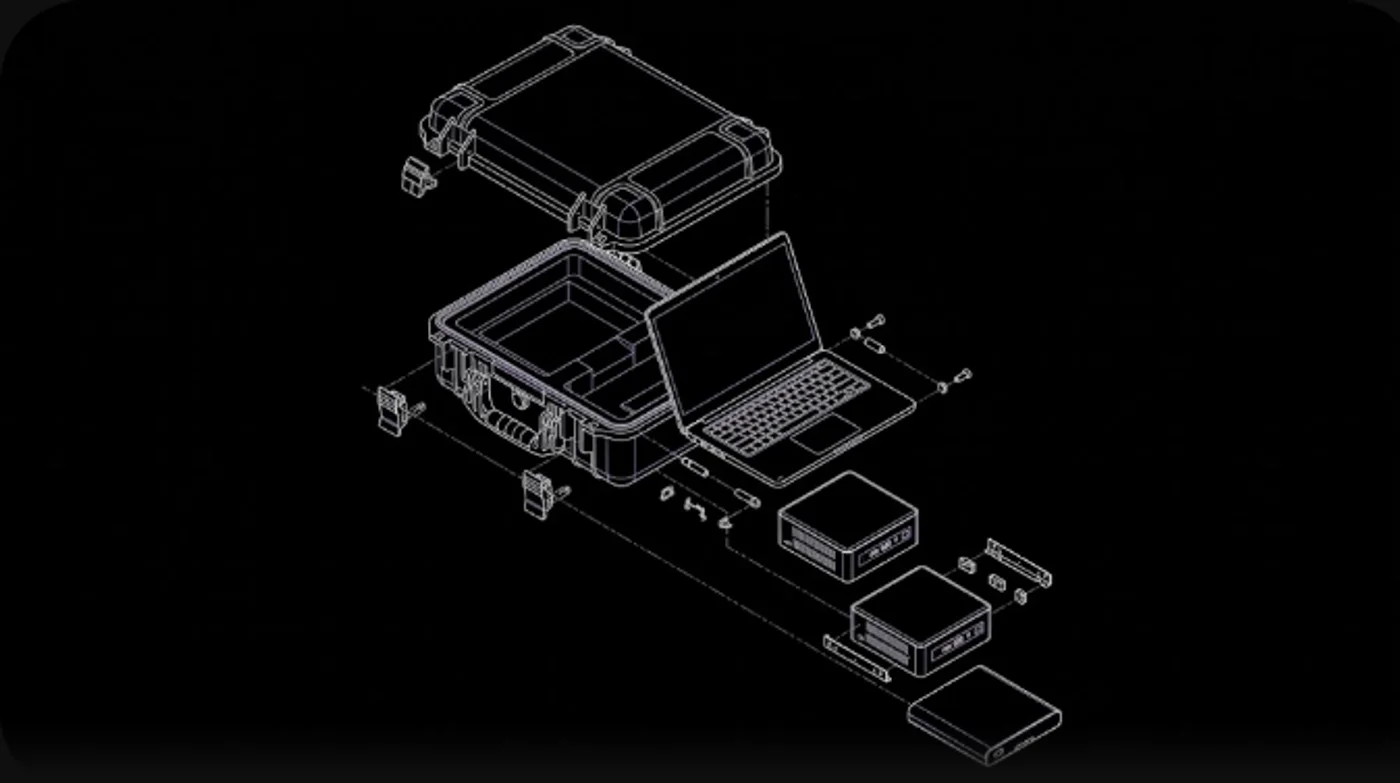 Exploded schematic illustration of the RAPTOR unit: transit case, console, compute modules and power pack