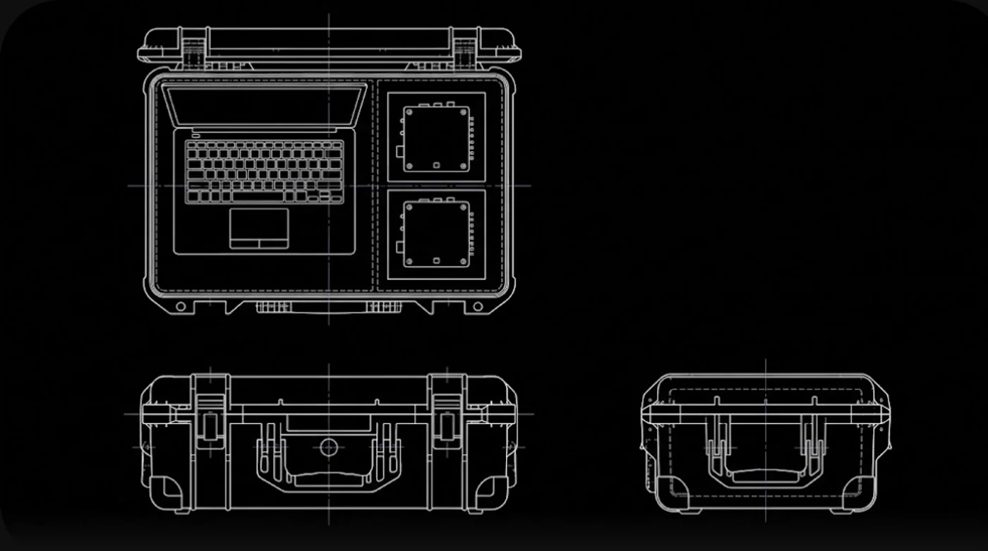 Technical drawing of the RAPTOR unit: plan view of the console and two compute nodes in their foam, with front and side elevations of the case
